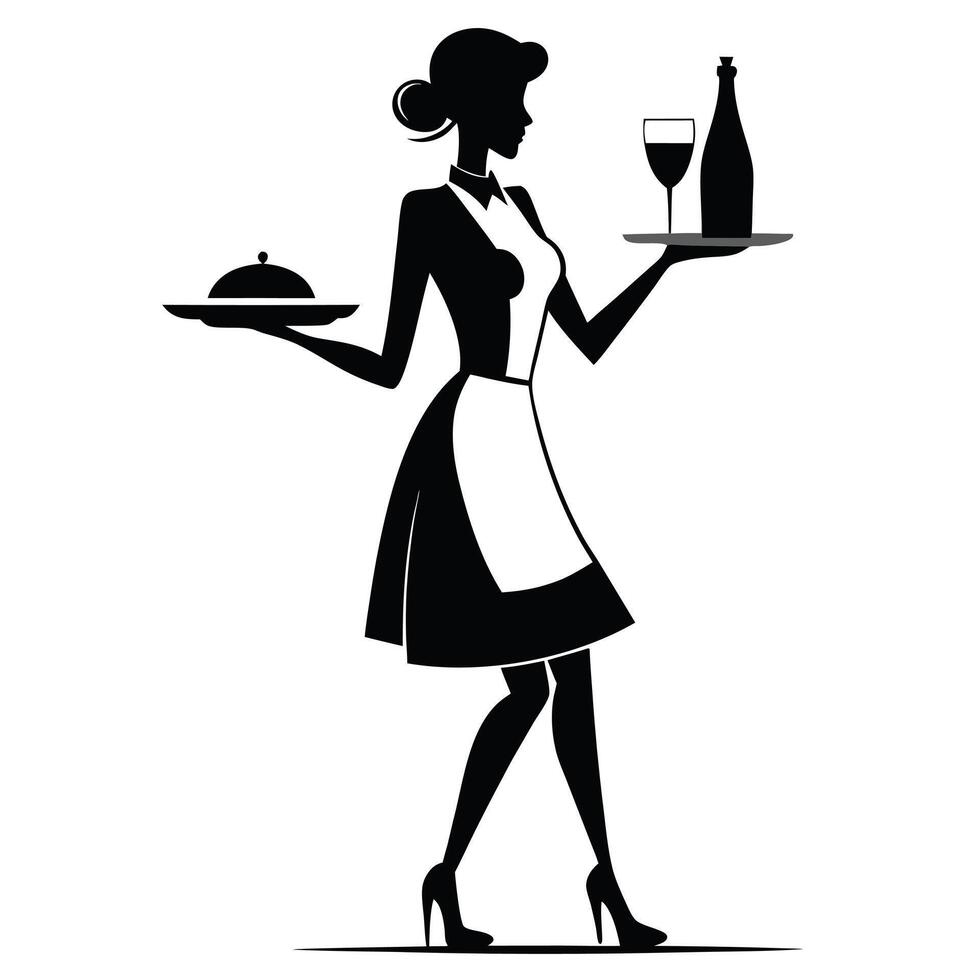 Elegant waitress silhouette carrying food and drink in a classic style design vector