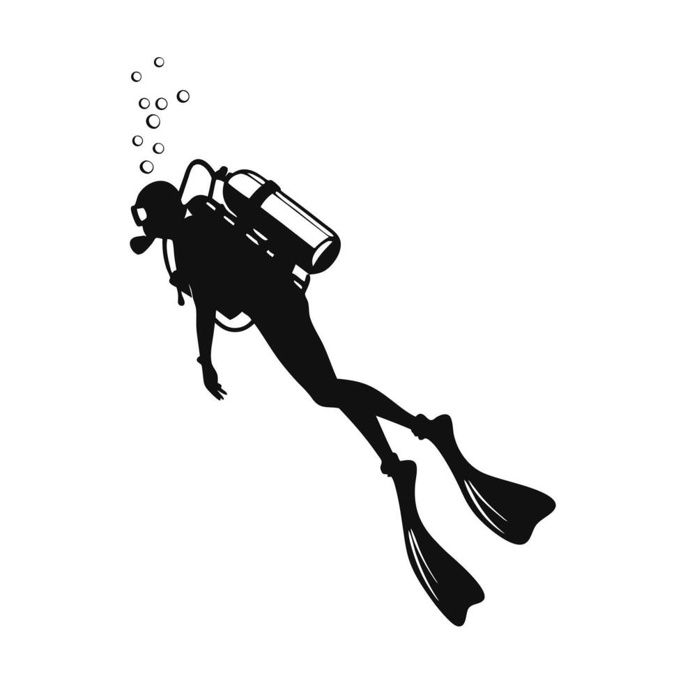 Scuba diver silhouette swimming underwater with bubbles in the ocean vector