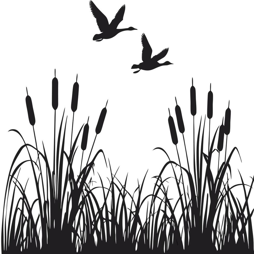 Black silhouette of flying ducks over reeds grass landscape illustration vector