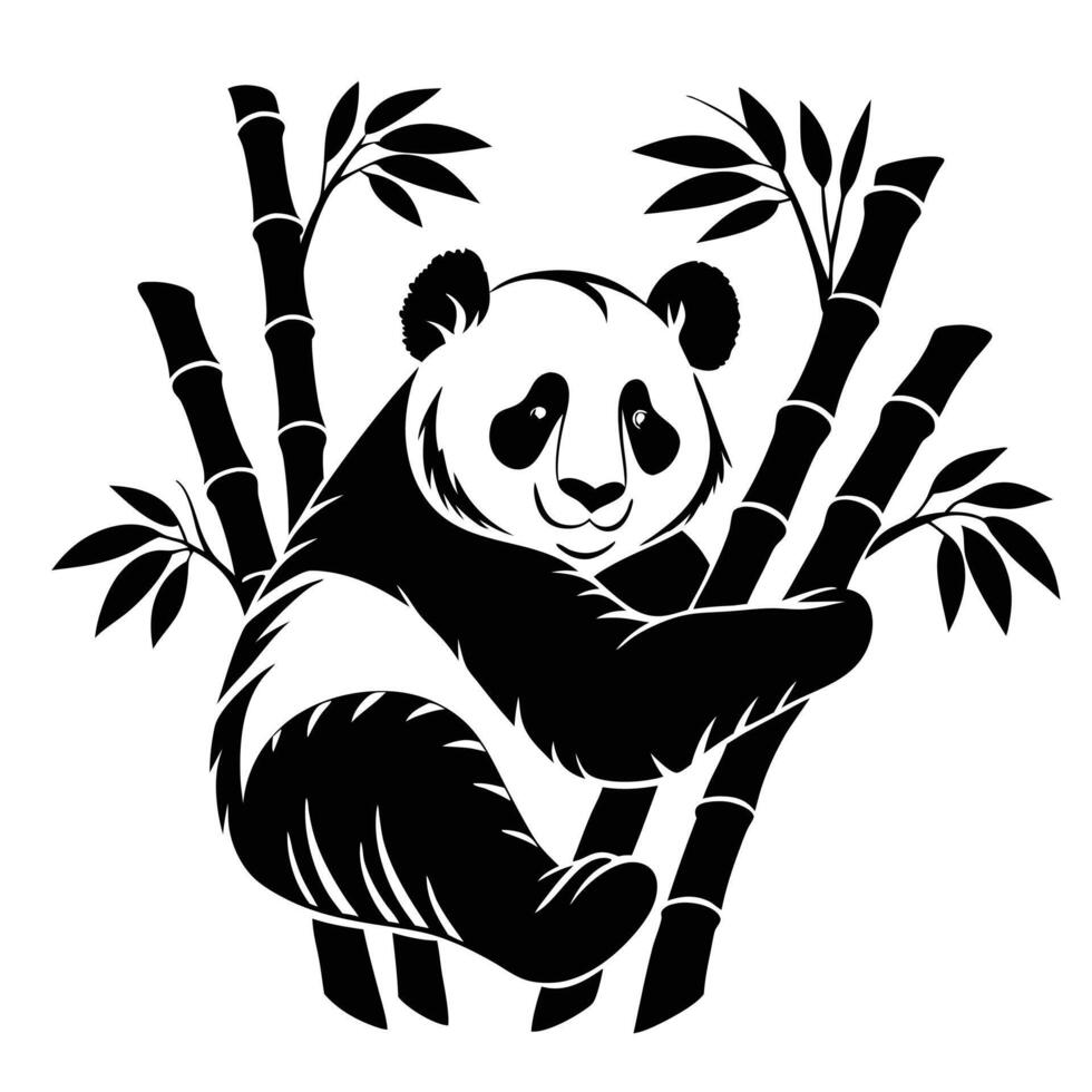 Panda bear climbing bamboo black and white silhouette illustration vector