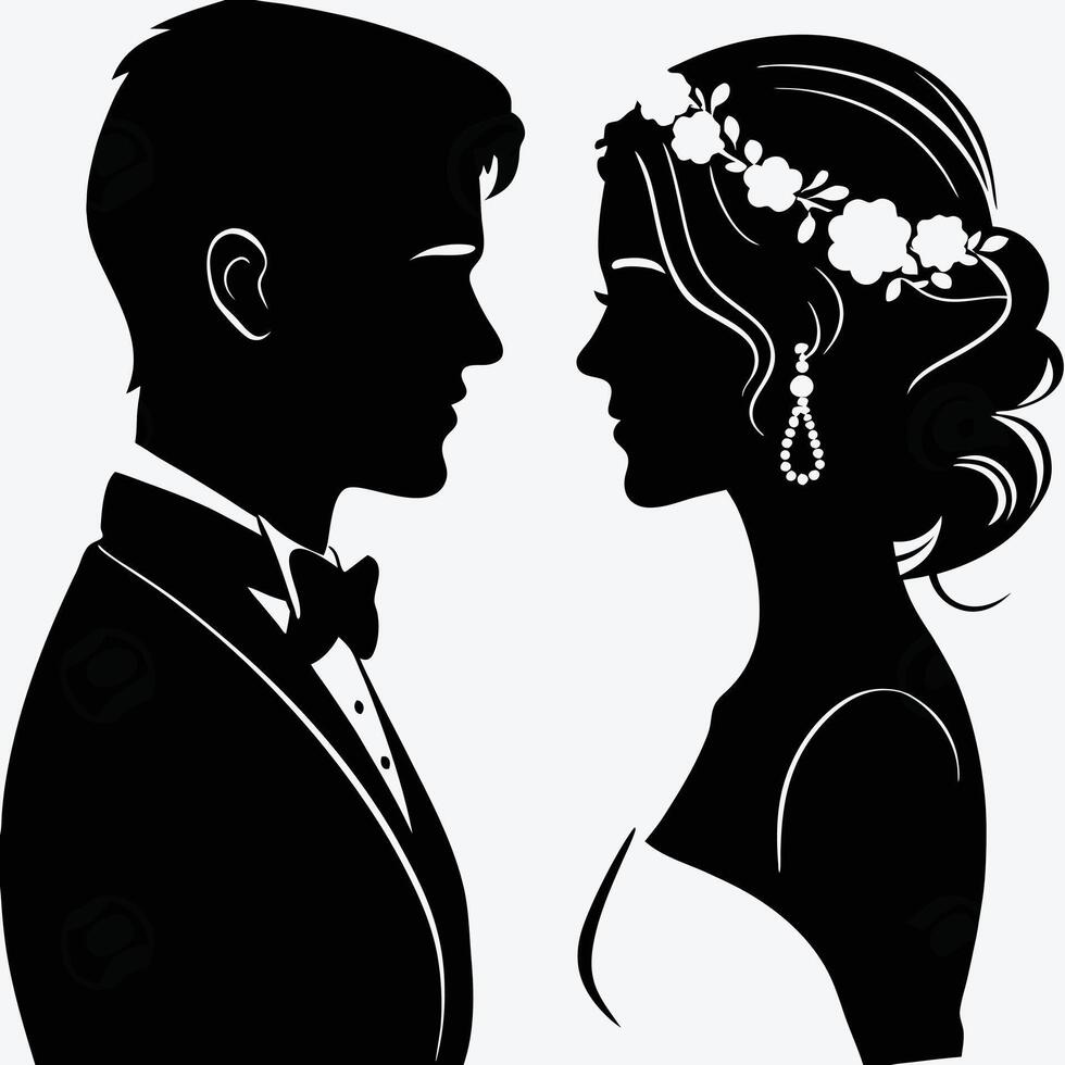 Elegant wedding couple silhouette bride and groom facing each other vector