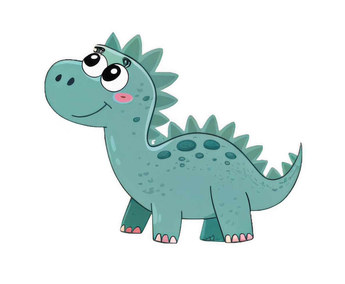A sweet baby dinosaur with big curious eyes, exploring a prehistoric world, rendered in a charming, hand-drawn style with soft teal tones. png