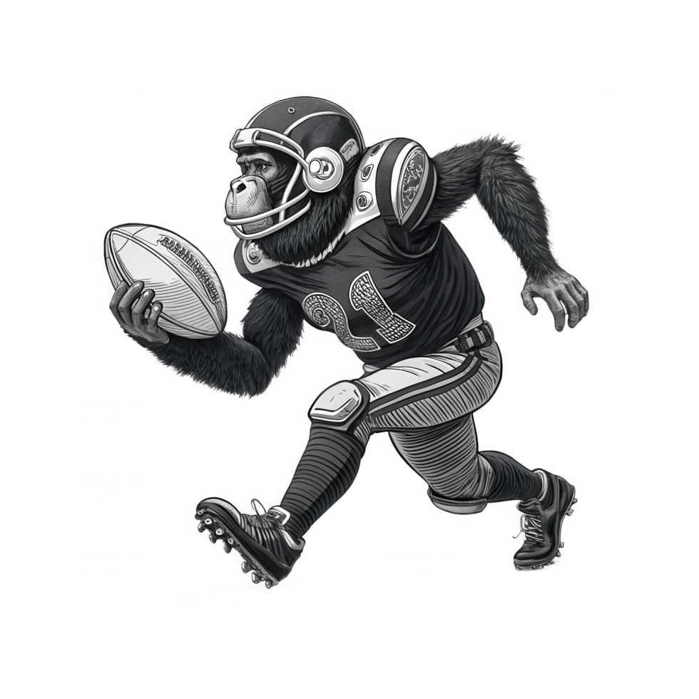 A powerful chimpanzee, a blur of motion, grips the football, a fierce competitor in a grayscale action shot. png