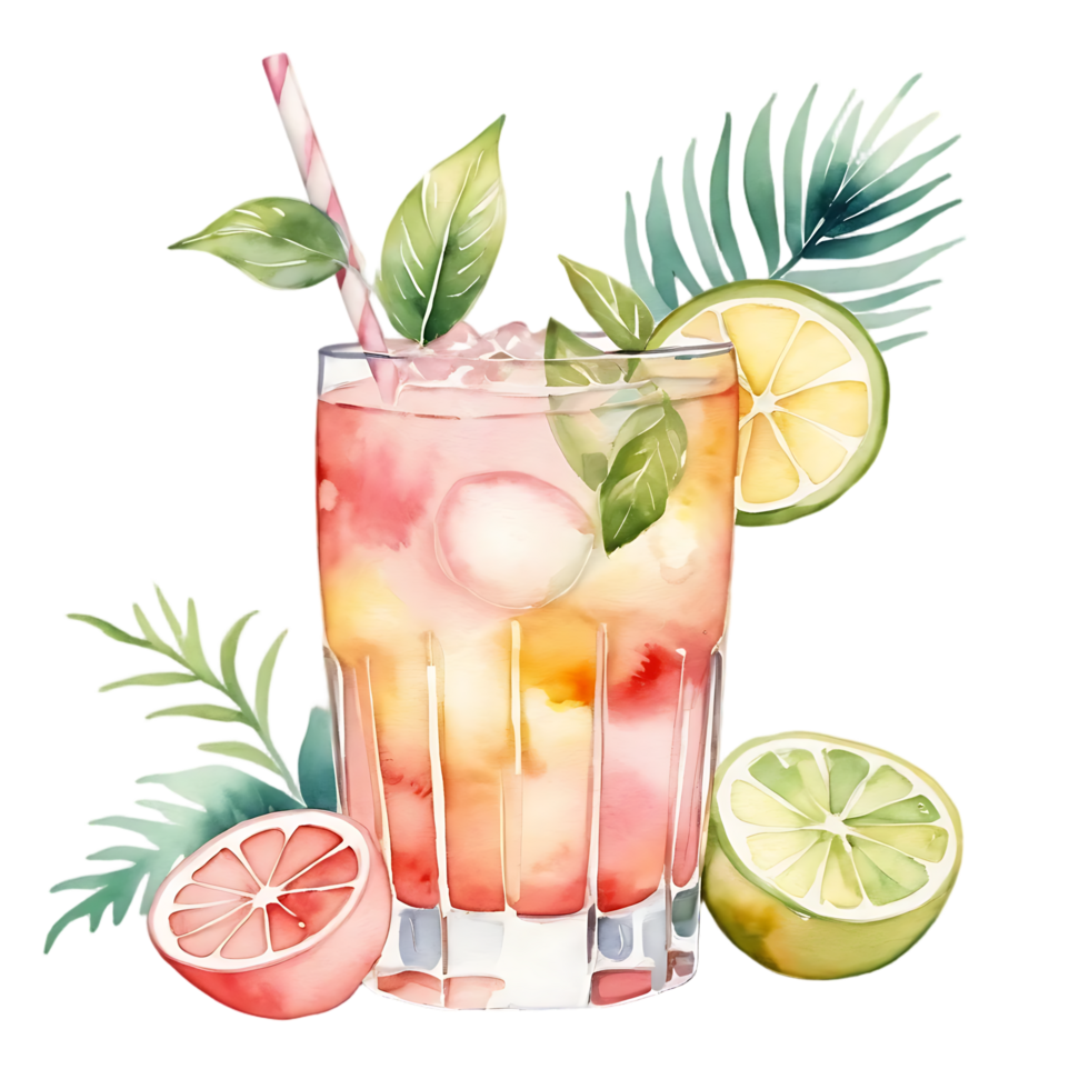Watercolor Cocktail with Citrus Fruits and Greenery on Transparent Background png