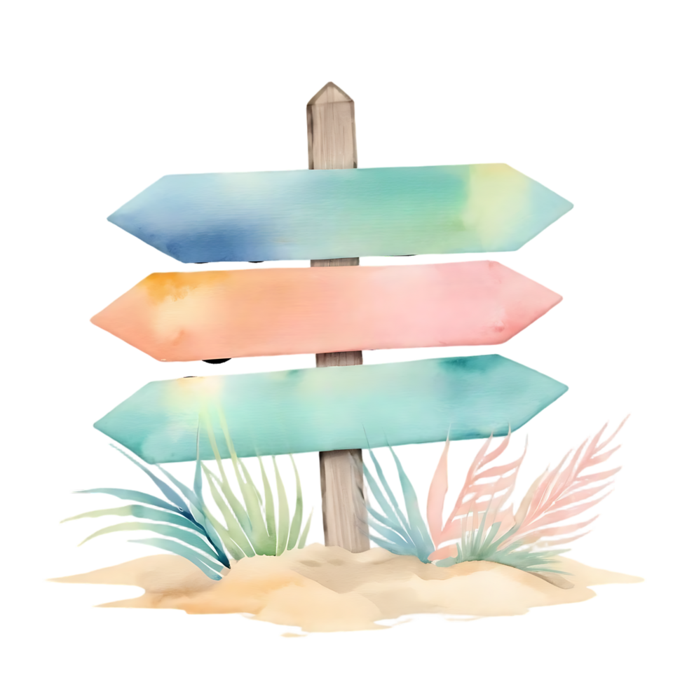 Watercolor Signpost with Arrows and Beach Foliage on Transparent Background png