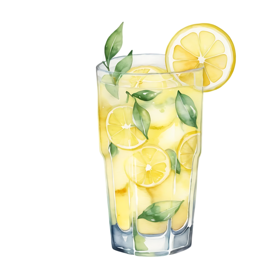Watercolor Lemonade with Ice and Green Leaves Watercolor Illustration png
