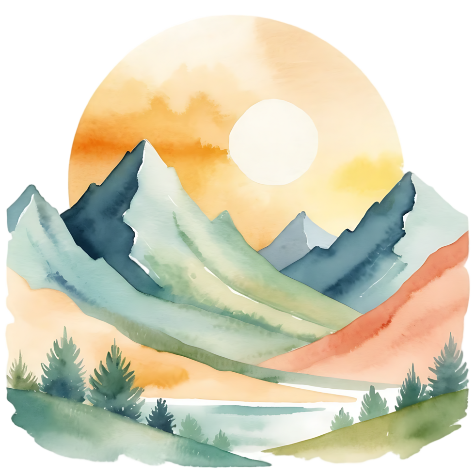 Watercolor Mountain Landscape with Sunset and Trees png
