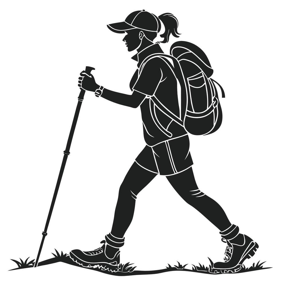 Silhouette of woman trekking with backpack and hiking pole in outdoor vector