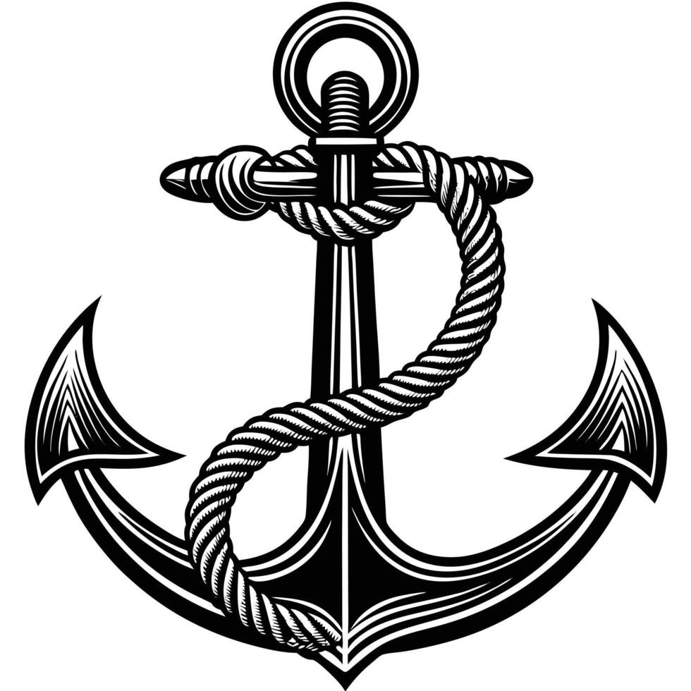 Detailed nautical anchor illustration with rope knot design in black vector