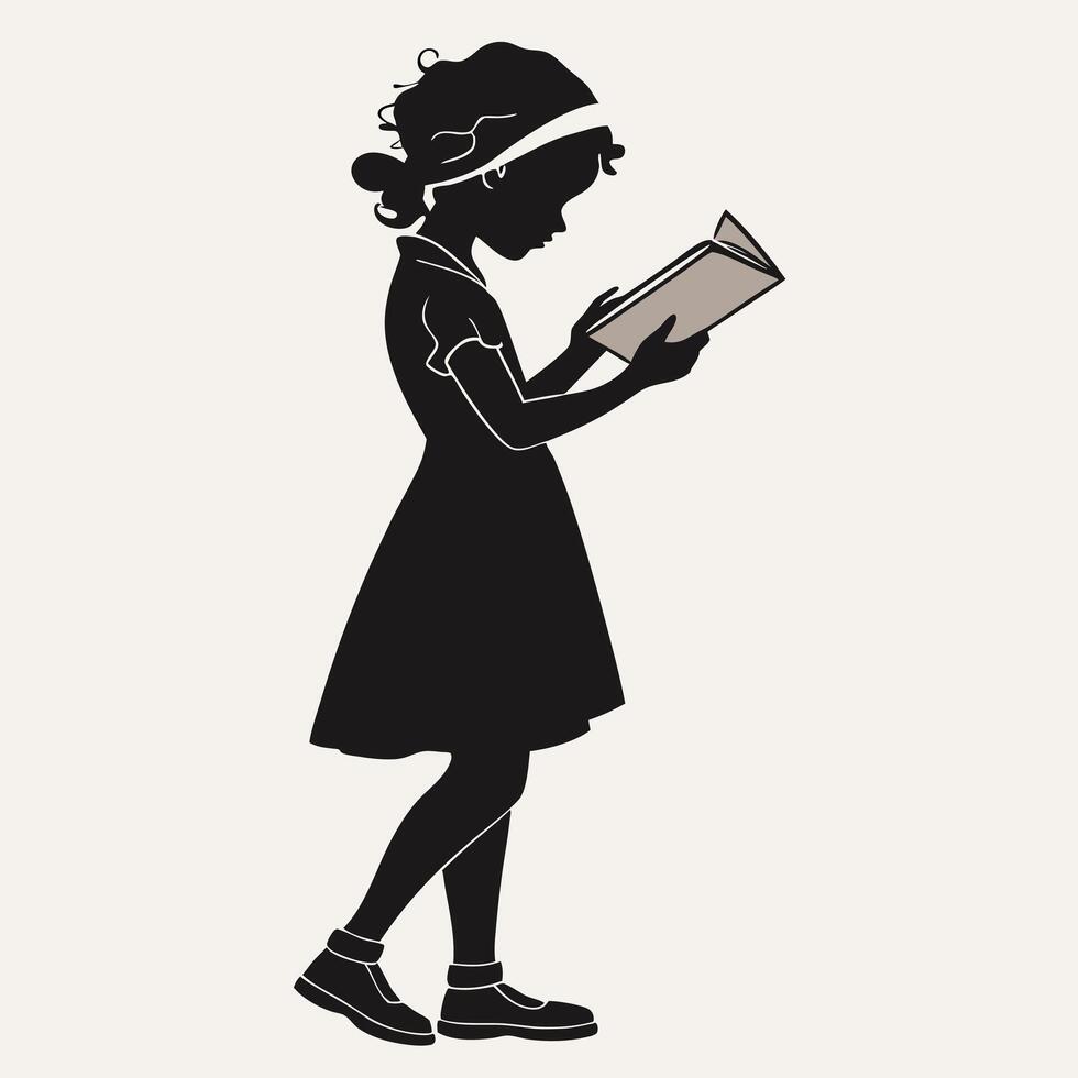 Silhouette of a young girl reading an open book in profile vector
