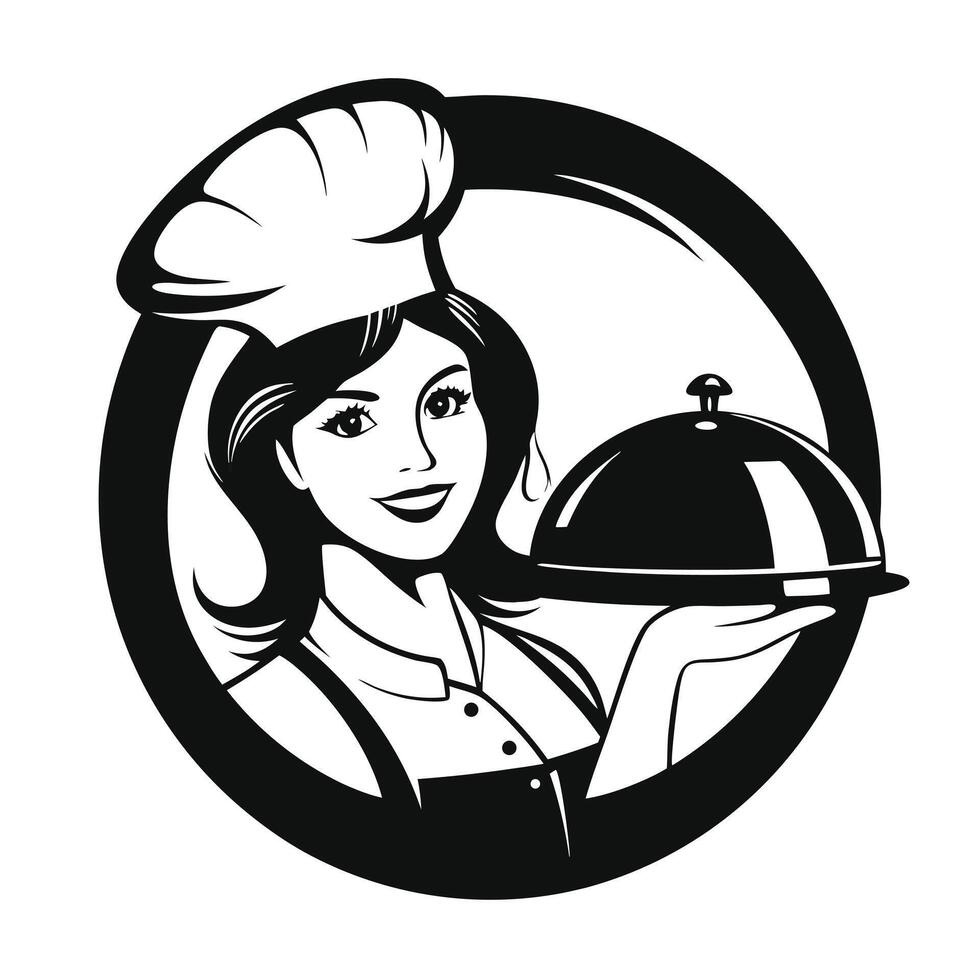 Elegant female chef serving food under a cloche in minimalist illustration vector