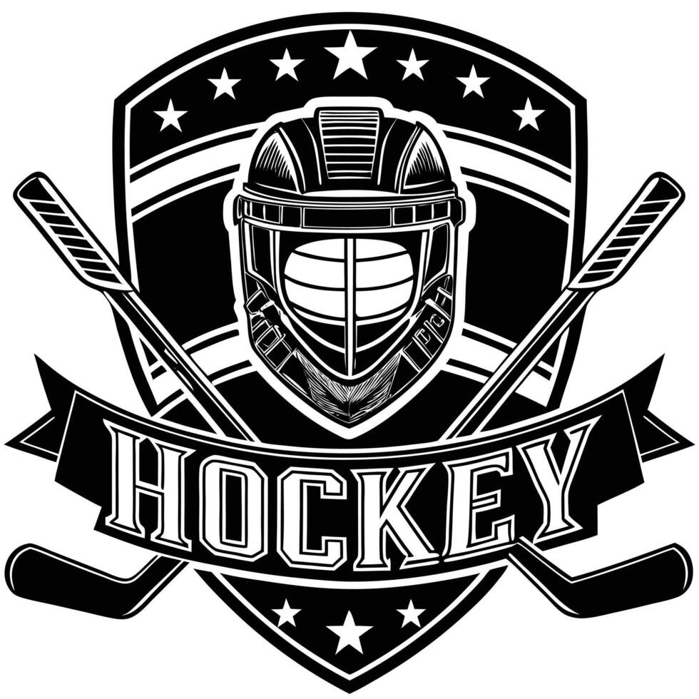 Black and white hockey emblem with helmet sticks and banner logo vector
