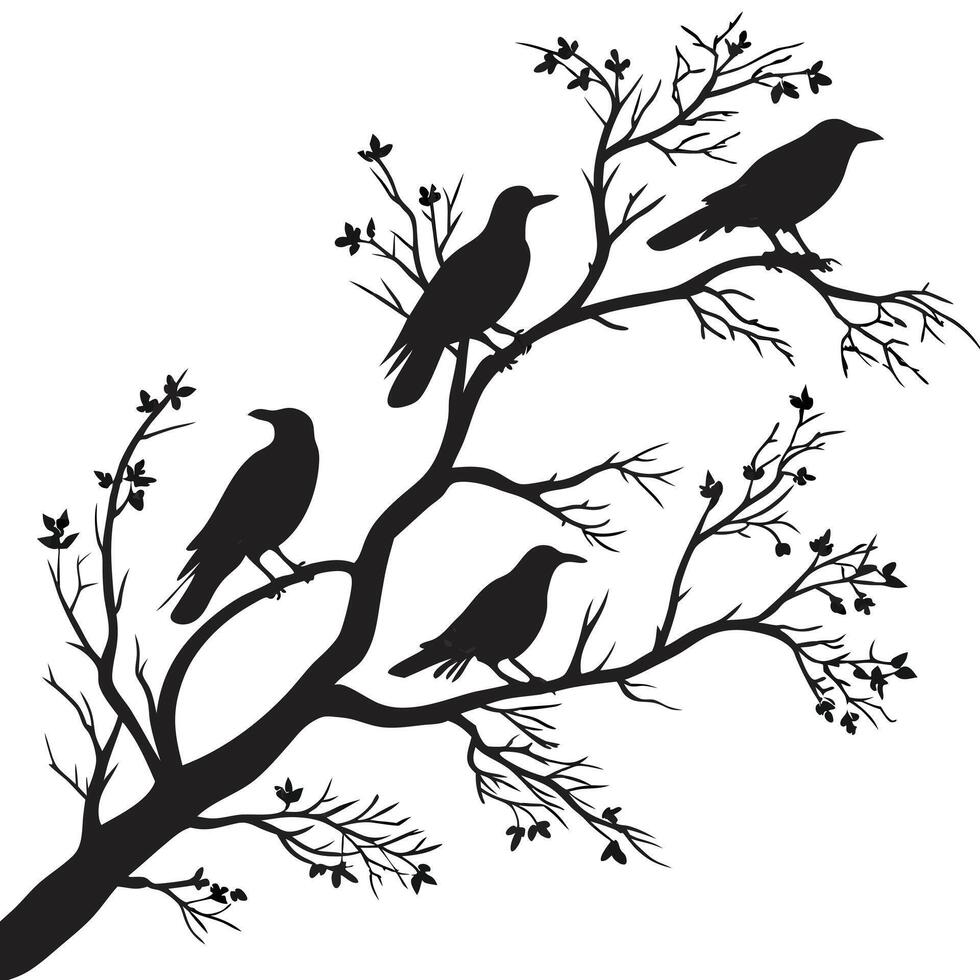 Silhouette of birds on a tree branch with buds illustration vector