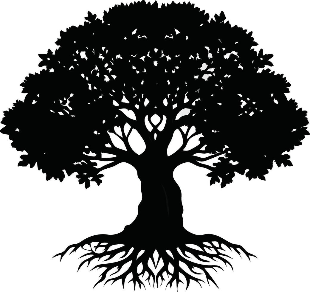 Silhouette of a lush tree with intertwined roots isolated on white vector