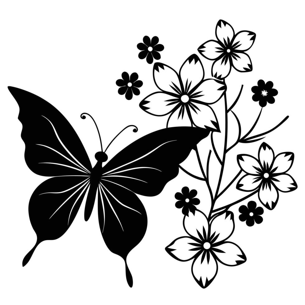 Elegant butterfly and flower blossom illustration black and white art vector