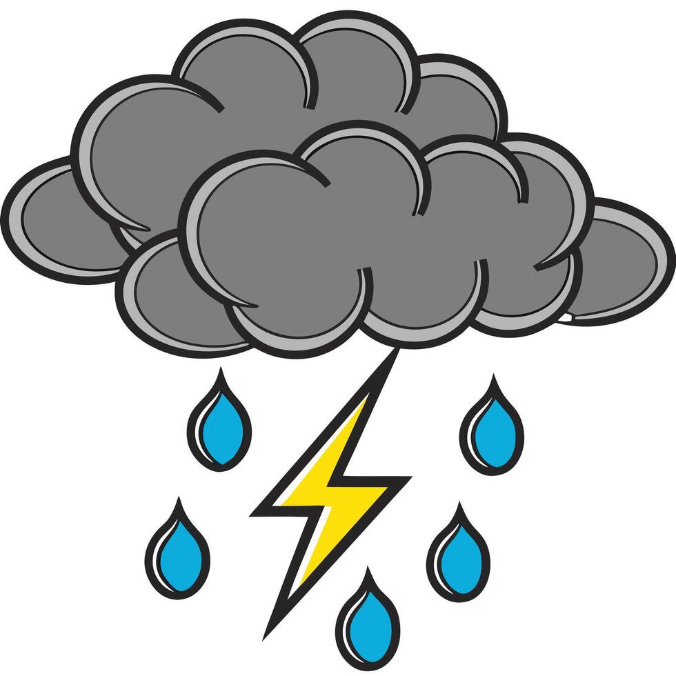 Cartoon weather illustration featuring storm clouds raindrops and lightning bolt vector