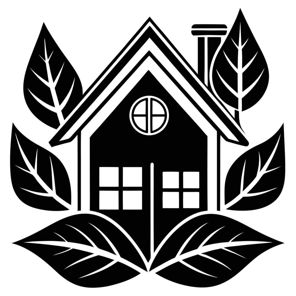 Stylized house surrounded by leaves black and white icon illustration vector
