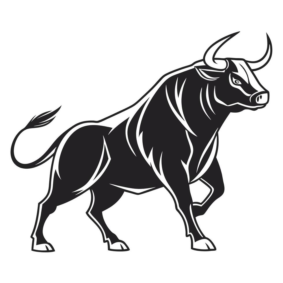 Black and white illustration of a powerful bull with sharp horns vector