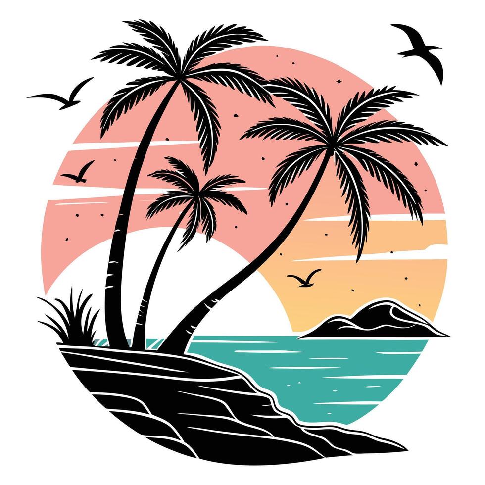 Tropical island silhouette with palm trees ocean and birds at sunset vector