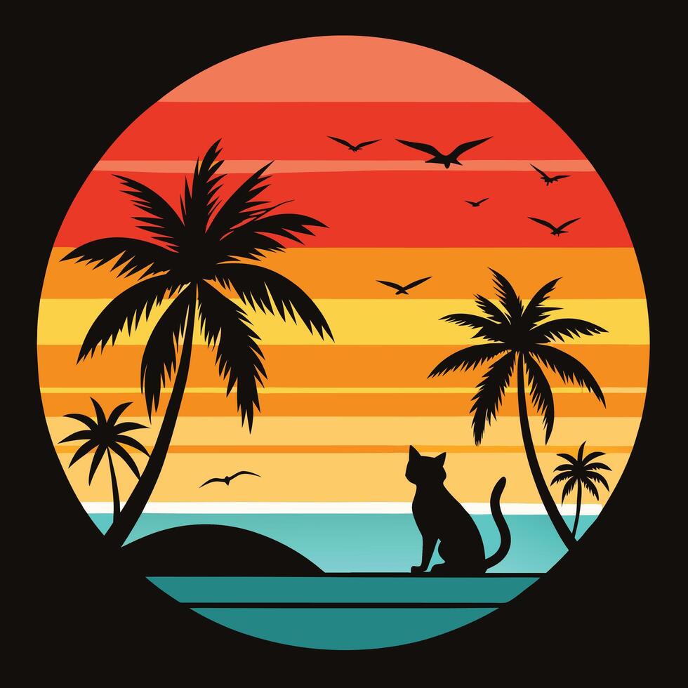 Silhouette cat palm trees tropical beach and sunset round retro graphic vector