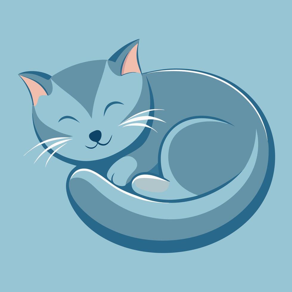 Cute blue cartoon cat curled up sleeping peacefully on blue background vector