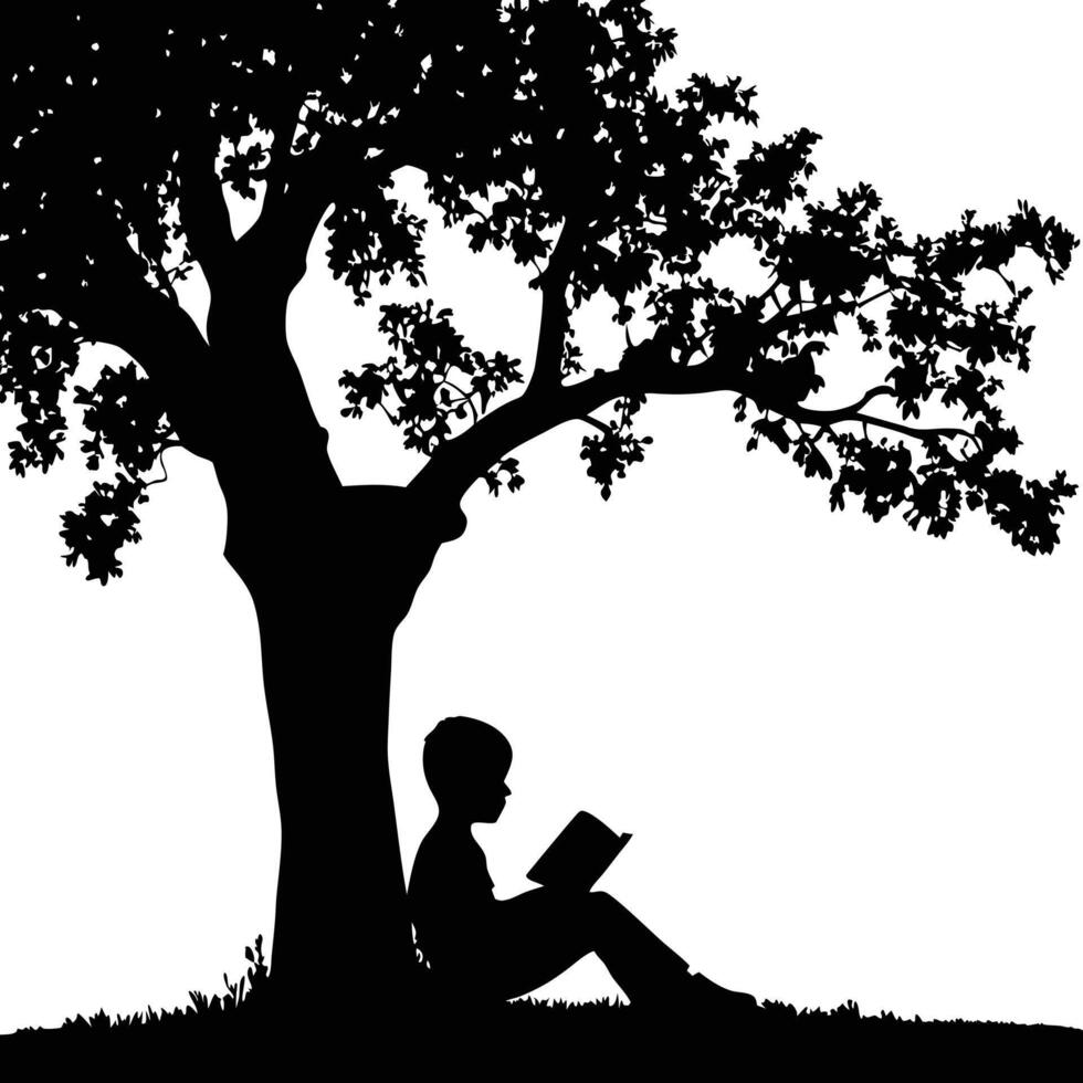 Silhouette of a boy reading under a tree on grass vector