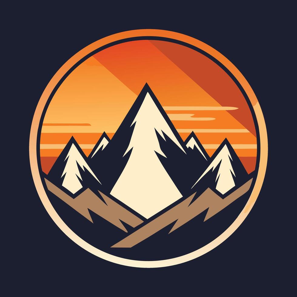 Mountain range circle illustration with sunset sky and snowy peaks vector