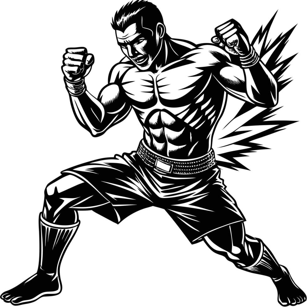 Aggressive muay thai fighter preparing for attack monochrome illustration vector
