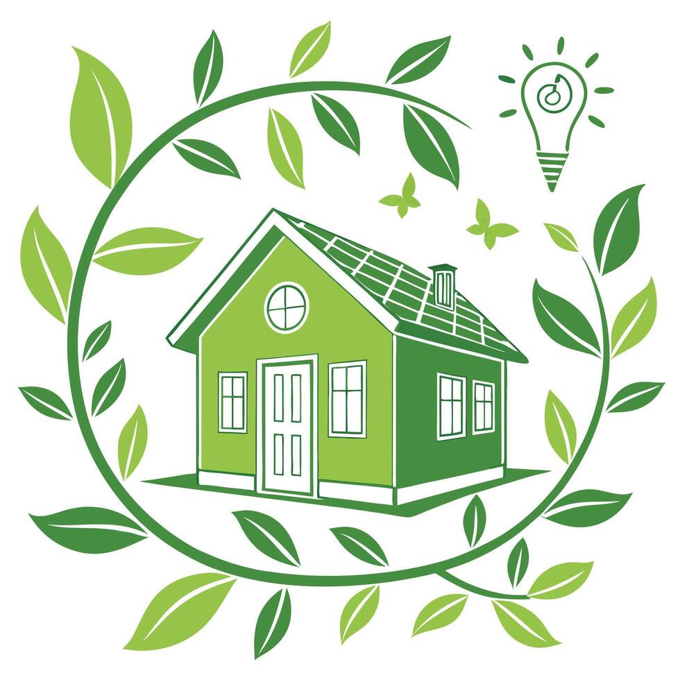 Green house surrounded by leaves symbolizing eco friendly living and energy vector