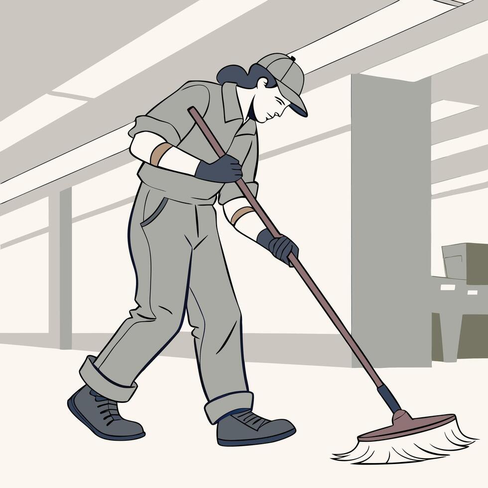 Cartoon style office cleaner sweeping floor with mop professionally illustration vector