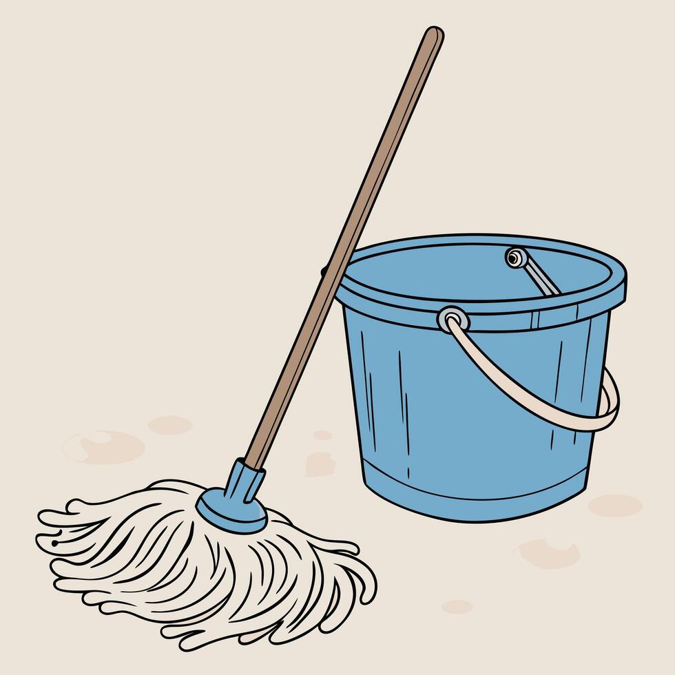 Cartoon style illustration featuring a mop bucket and water droplets on surface vector