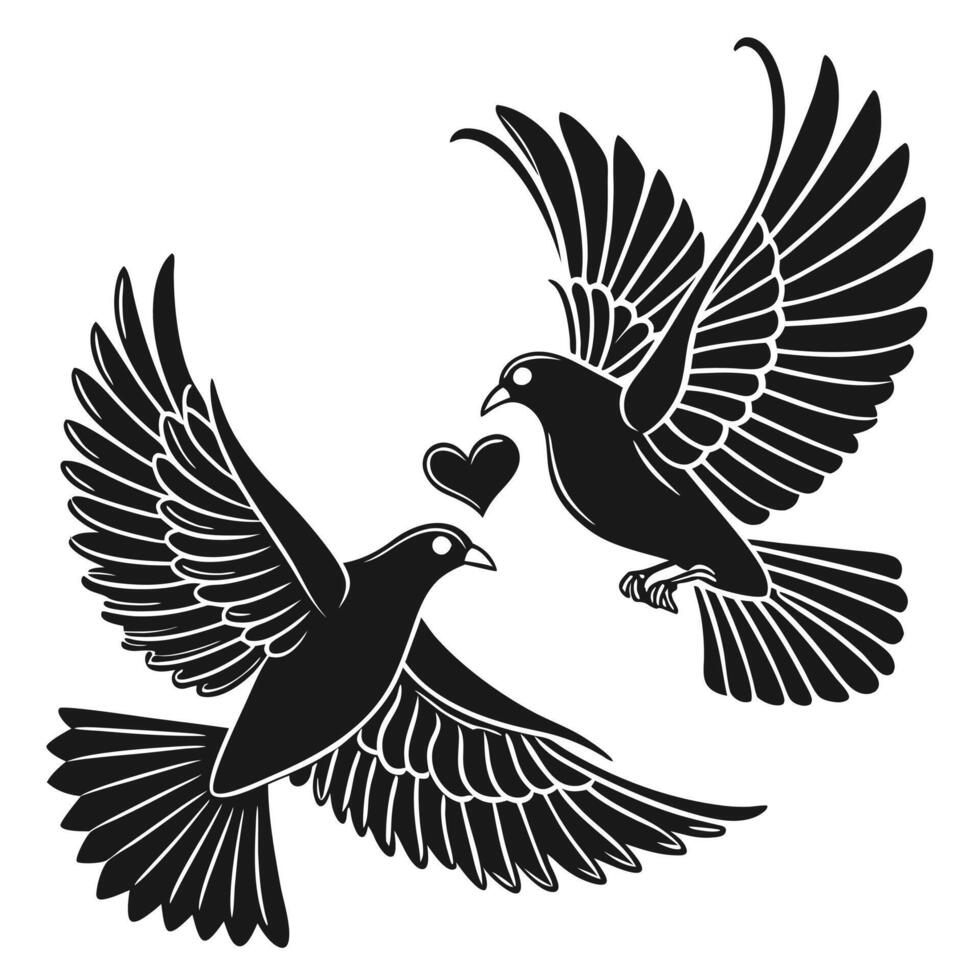 Two doves flying with heart shape bird love monochrome graphic vector