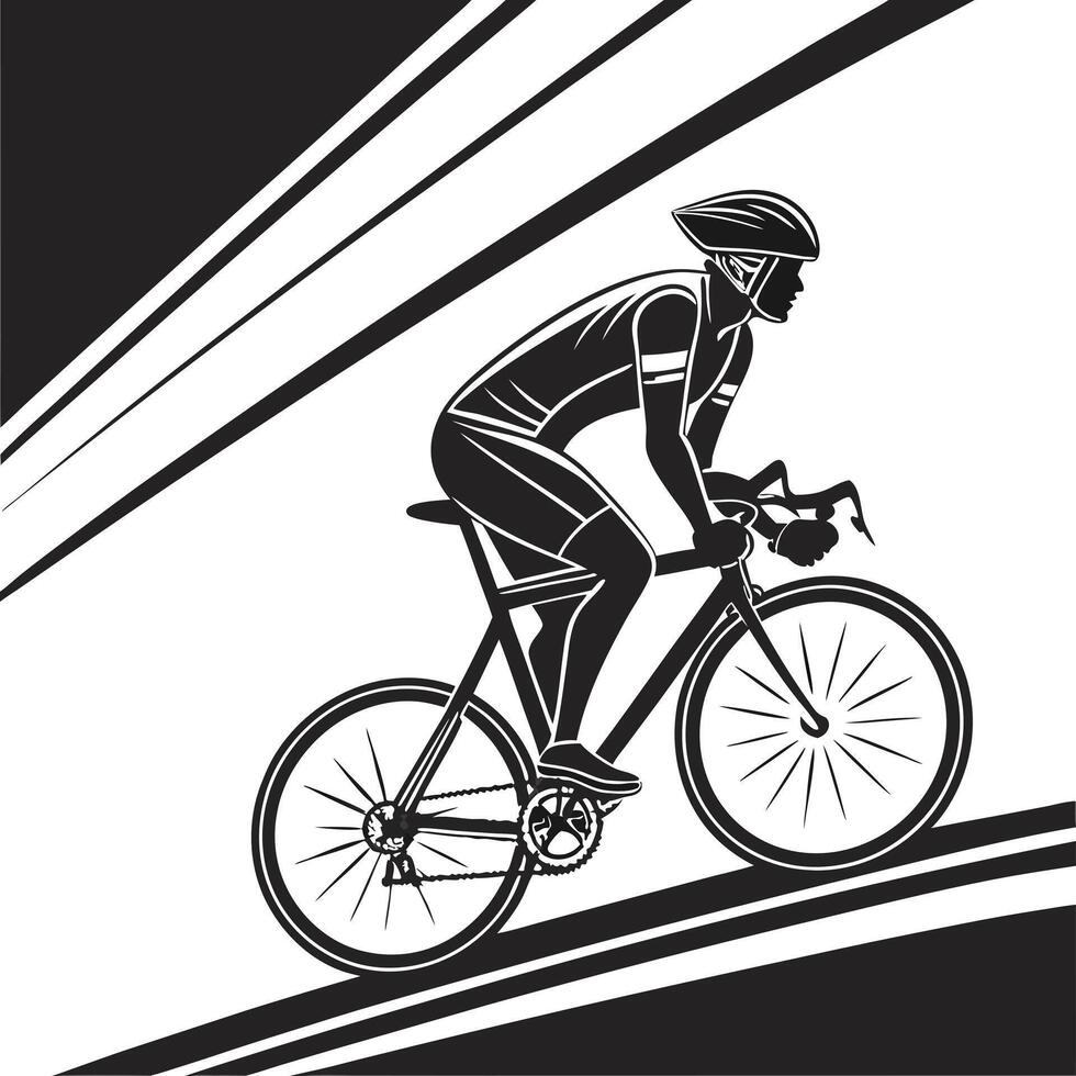 Cyclist riding a road bike black and white minimalist design illustration vector