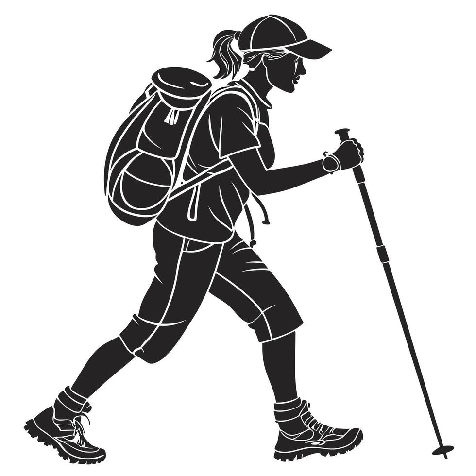 Silhouette of a female hiker with backpack and trekking pole vector