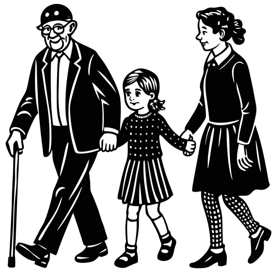 Family generations walking together black and white illustration graphic art vector
