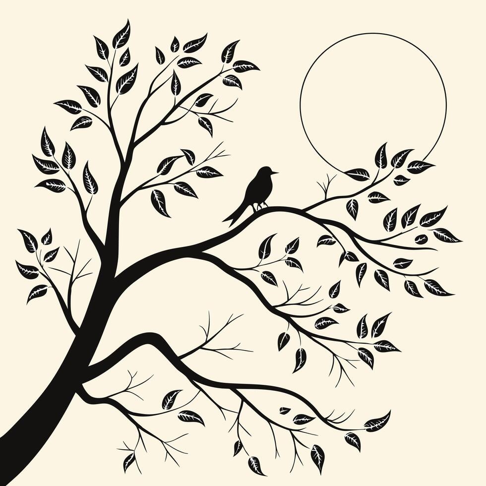 Silhouette bird resting on branch tree design with moon illustration vector