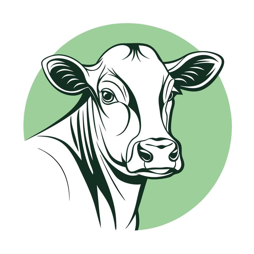 Monochrome cow illustration head isolated on green circle background vector