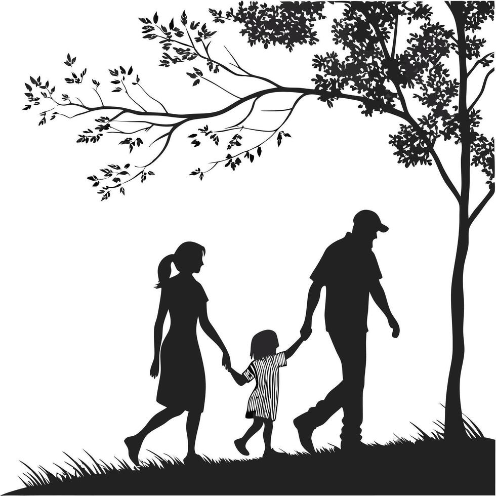 Silhouette of a family walking together under a tree in grassy field vector