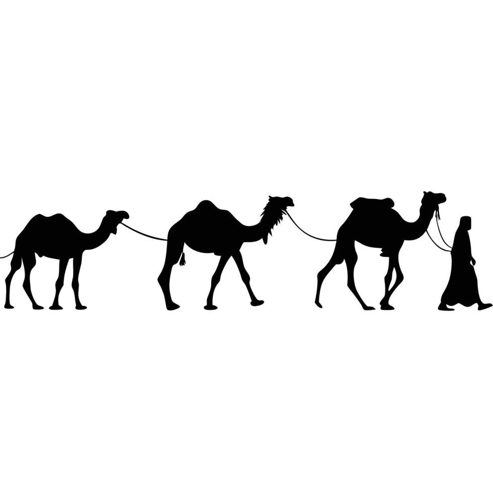 Caravan of camels and a man silhouette across the desert vector