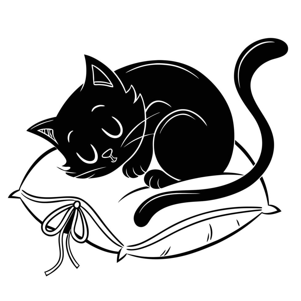 Silhouette of a black cat sleeping peacefully on a pillow vector