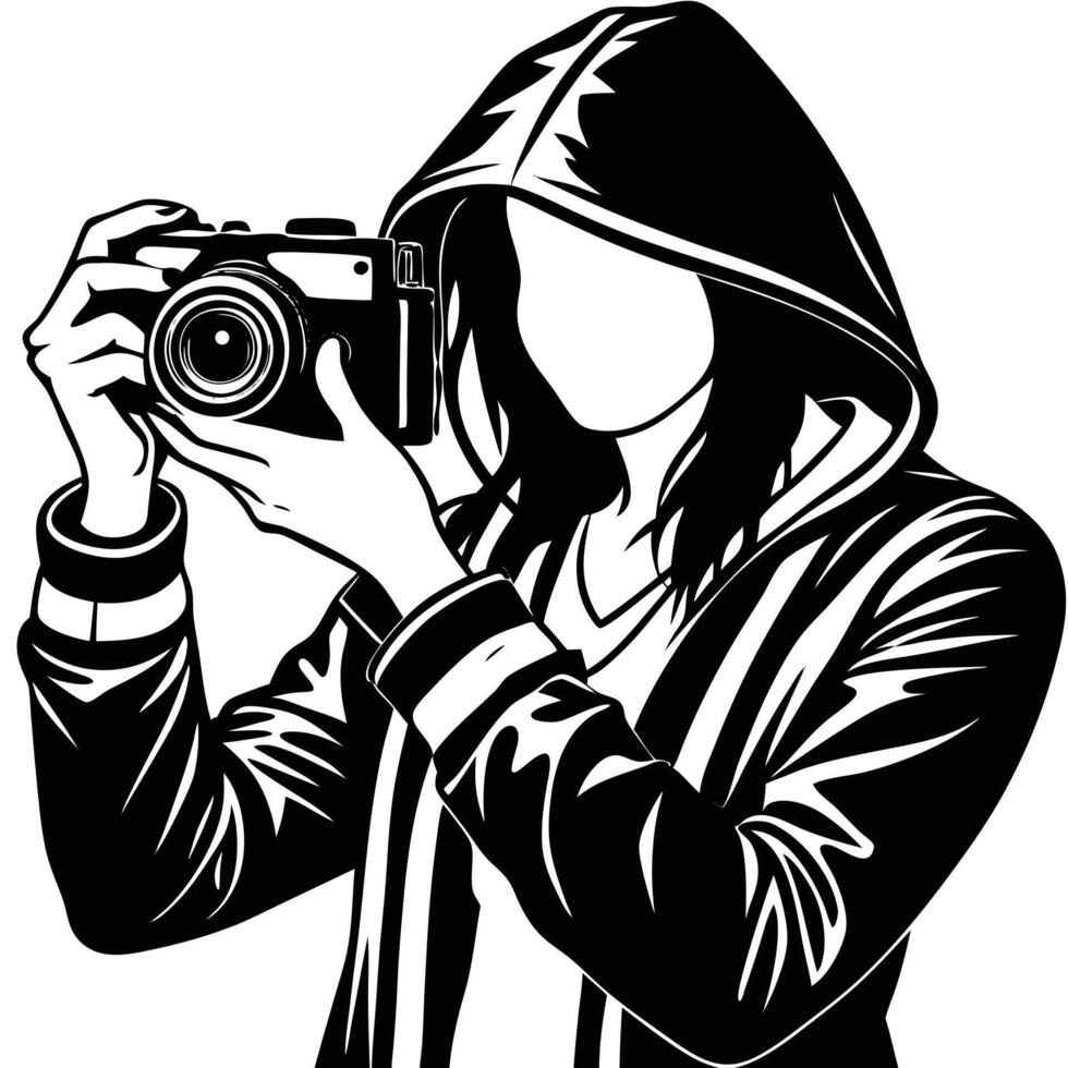 Black and white illustration of a photographer with camera vector