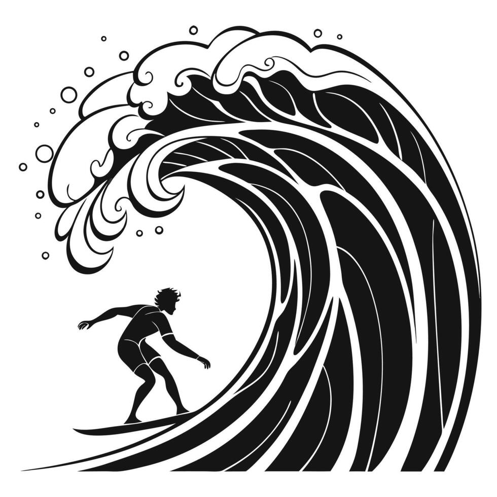 Surfer riding a giant wave black and white illustration vector