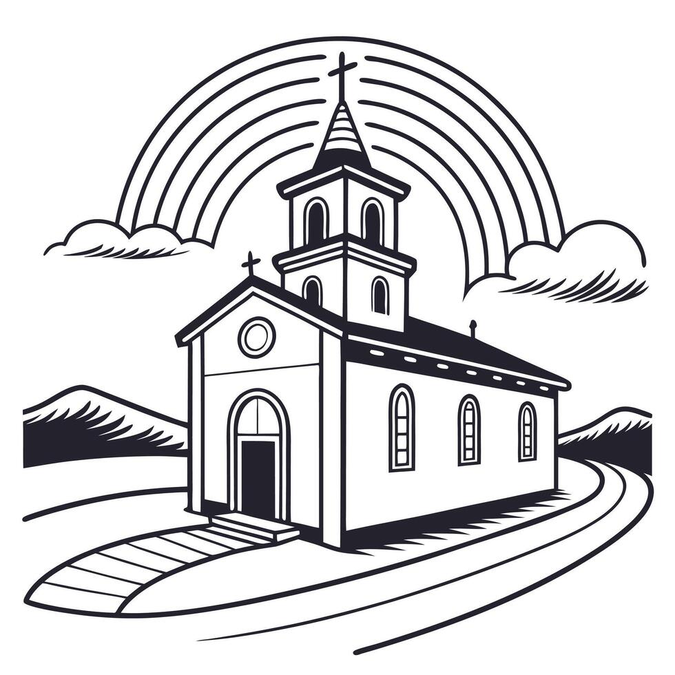 Church illustration with rainbow and landscape black and white graphic design vector
