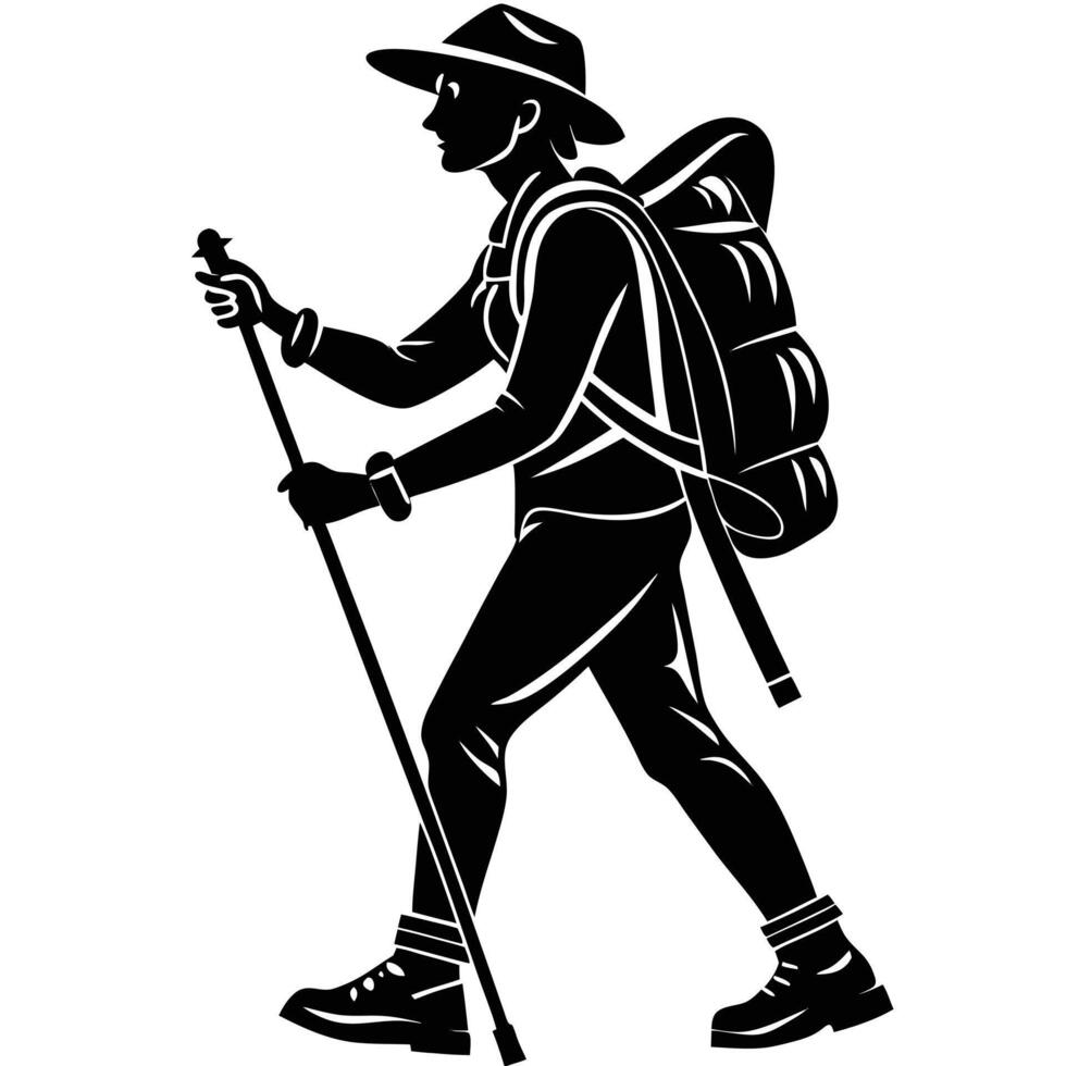 Silhouette illustration of hiker with backpack and hiking stick adventure outdoors vector