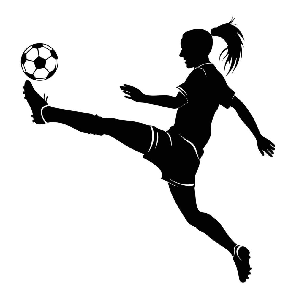 Female soccer player silhouette kicking ball elegance in black and white vector