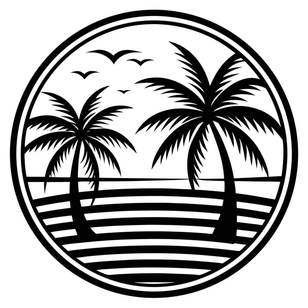 Black and white tropical island illustration with palm trees and birds vector
