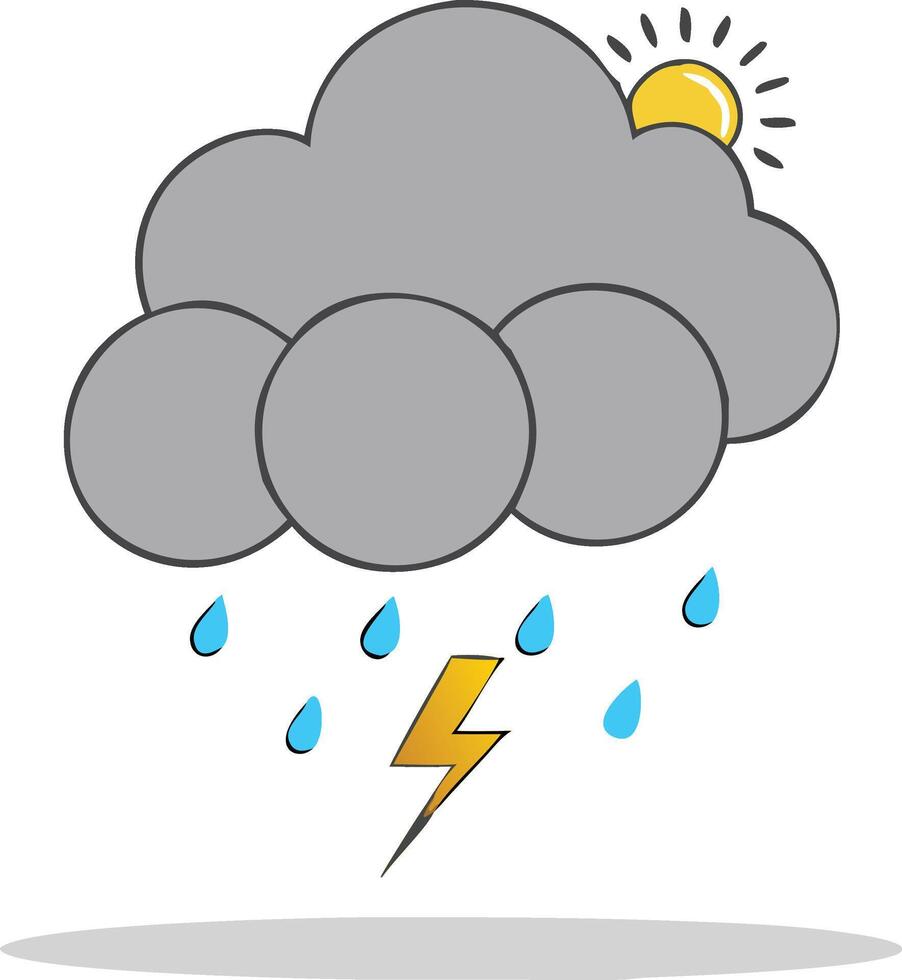 Cartoon rainy cloud with sunlight and lightning weather illustration vector
