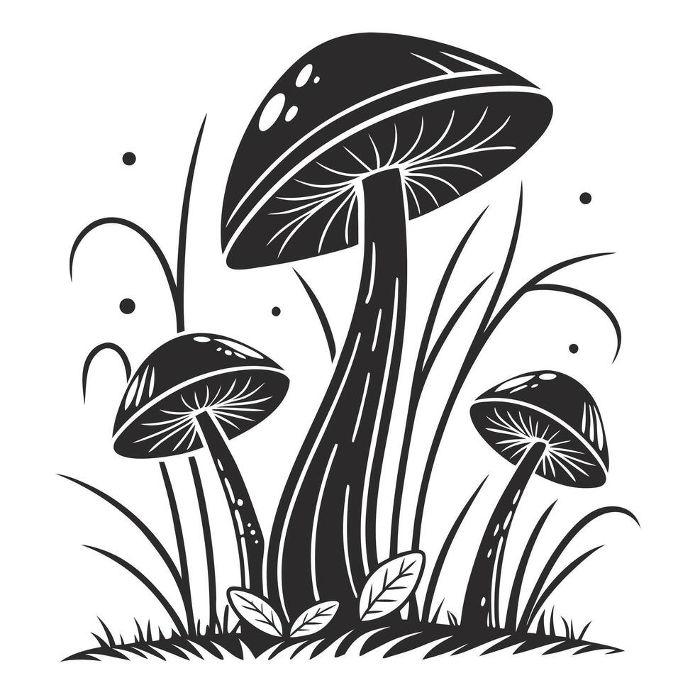 Monochrome mushroom cluster artwork featuring tall grass and leaf details vector
