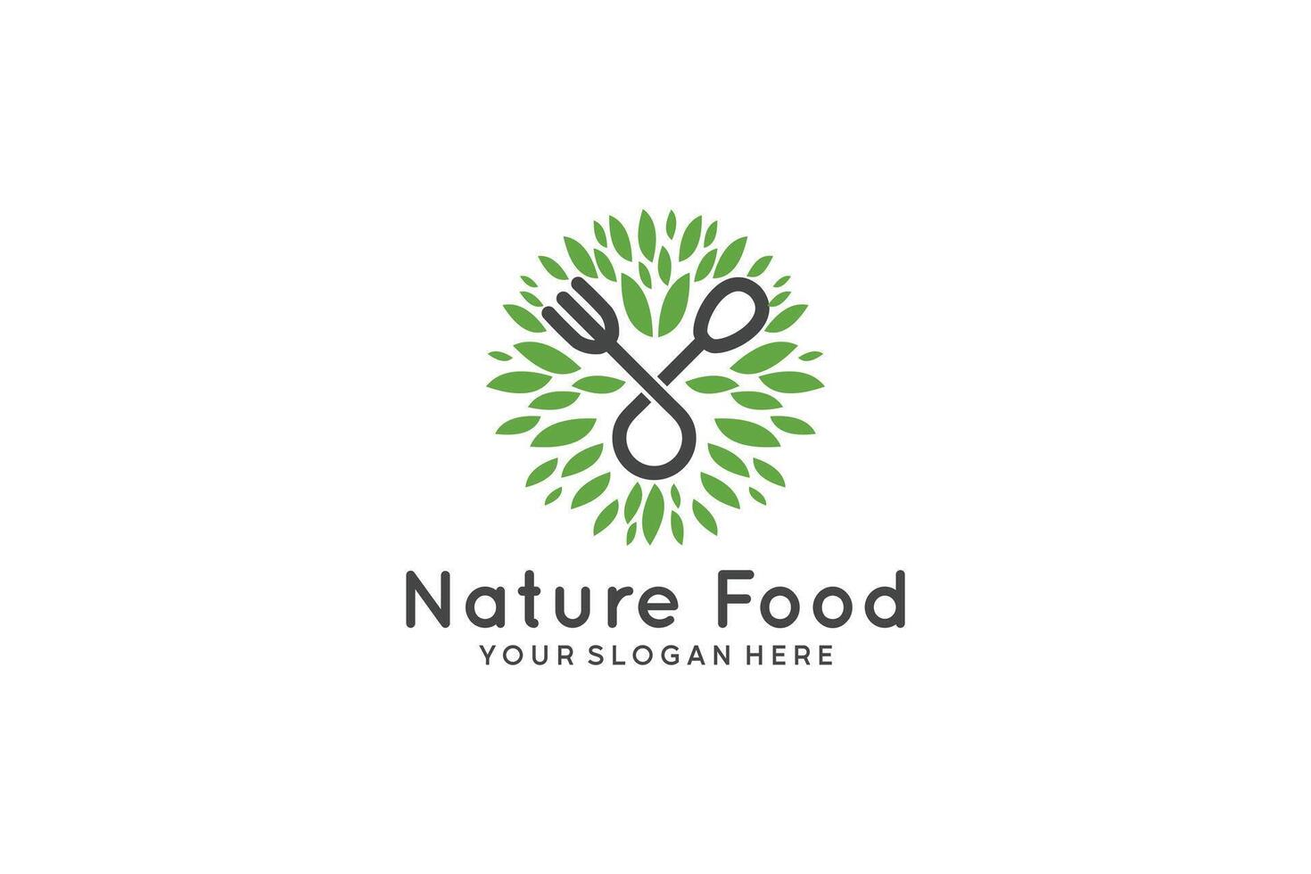 Natural healthy food logo with fork, spoon and leaf for organic and vegetarian food vector