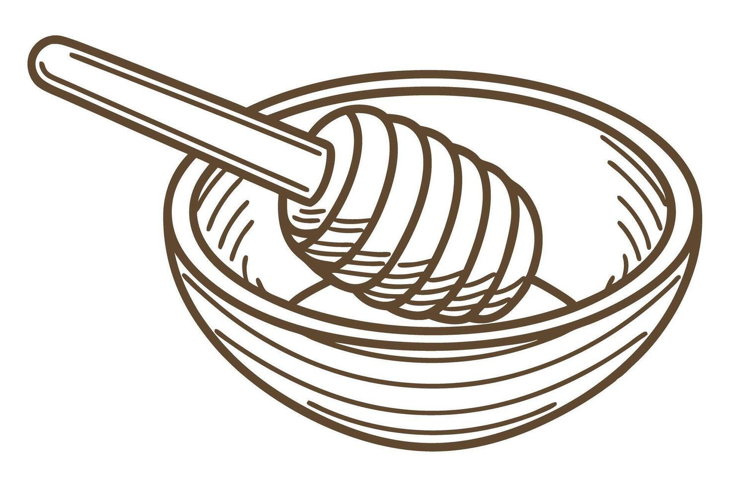 honey dipper in wooden bowl sweet natural honeycomb tool, sketch style, kitchen utensil vector